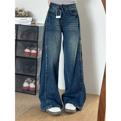 大码复古弯刀设计高腰直筒牛仔裤女秋季新款胖mm宽松阔腿拖地裤子