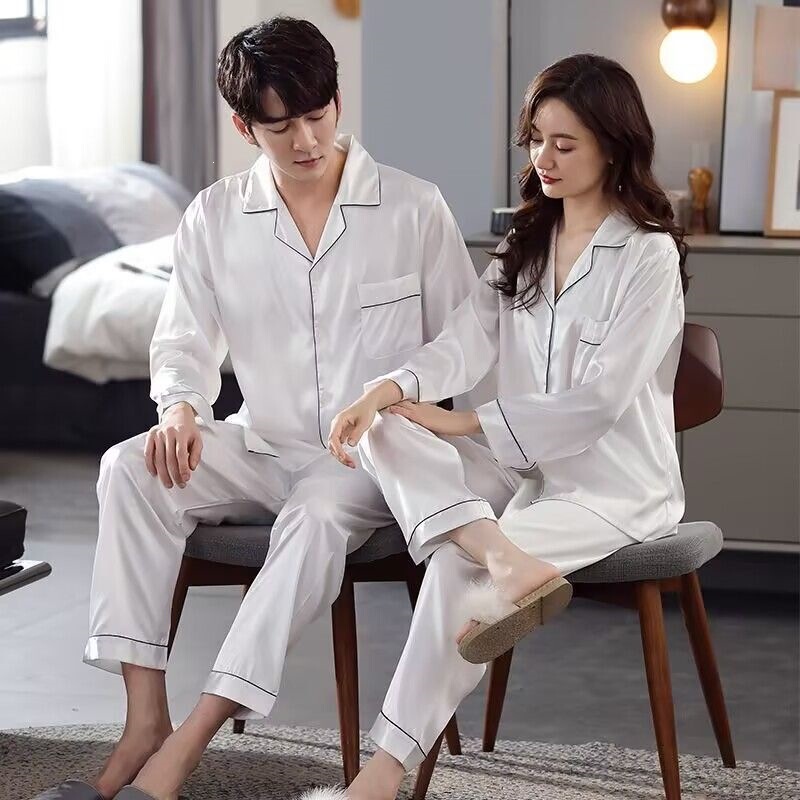 Couple's Pajamas for Women, Spring and Autumn Style, Ice Silk Long-Sleeve Thin Loungewear, Men's Summer Silk Plus-Size Set