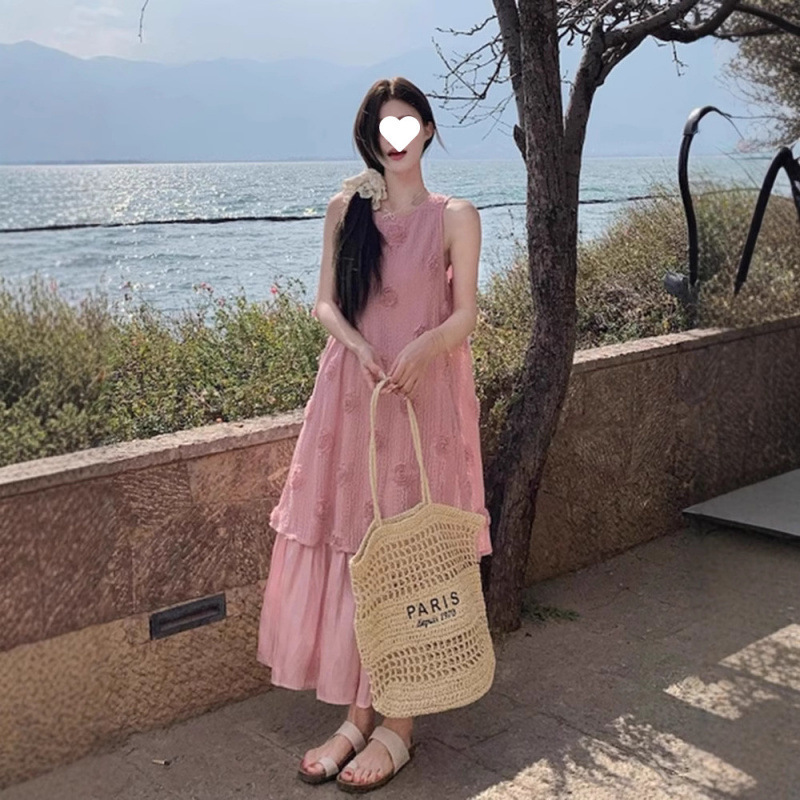 大码夏季法式复古温柔风假两件百褶无袖背心连衣裙女气质长裙|undefined