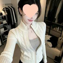 拉链麻花针织开衫女2026秋冬新款修身立领毛衣感半高领上衣潮