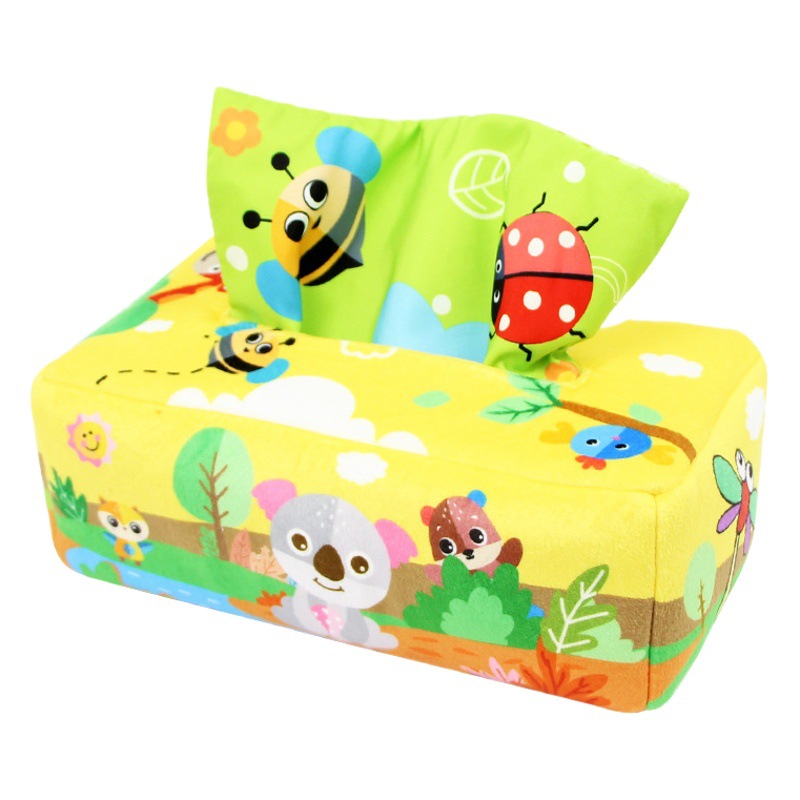 Juguete de peluche simulado de caja de pañuelos para bebés, juguete de ejercicio para los dedos de bebés.