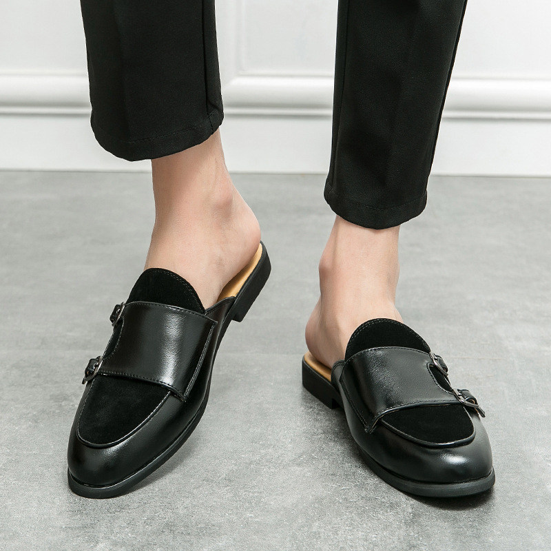 New Men's Fashion Beanie Shoes, Lazy Sandals, Slip-On Casual Mule Shoes, British Style Toe-Toe Half-Slip Leather Shoes