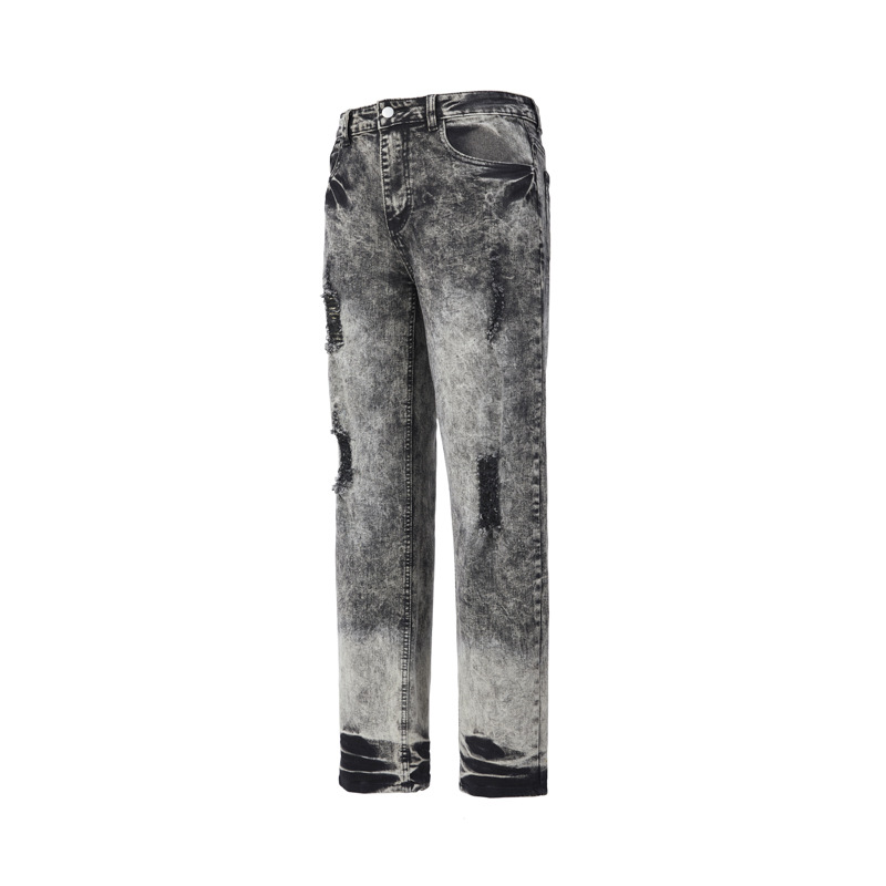 Men's High Street Snow Wash Jeans Gradient Faded Distressed Straight Leg American Denim_mkmklike.com