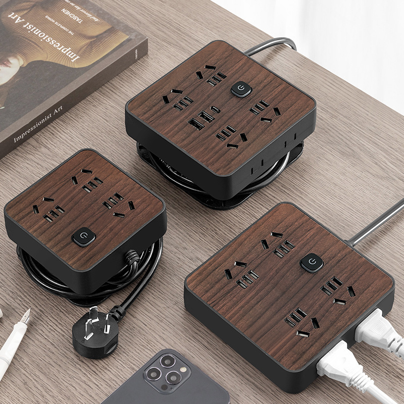 Fabricante de madera enchufe panel de escritorio multifuncional hogar enchufe de carga USB con cable enchufe de seguridad USB