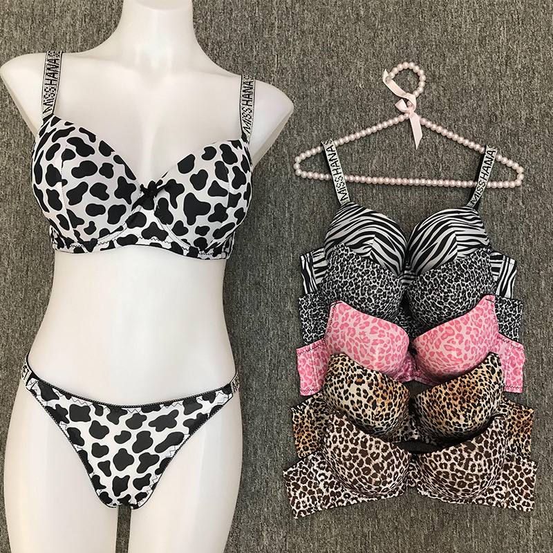 European and American New Cow Leopard Striped Women's Underwear suit Cute Sexy Rhinestone Shoulder Belt Steel Ring Thick Cup Gathering