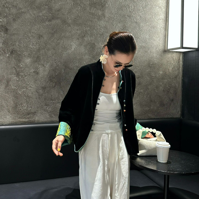 早秋新中式真丝丝绒拼接篙档流光缎面双面两穿国风上衣盘扣外套女|undefined