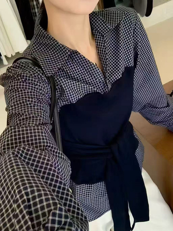 韩版设计感收腰格子衬衫女2025秋季新款宽松显瘦小个子拼接上衣潮|undefined