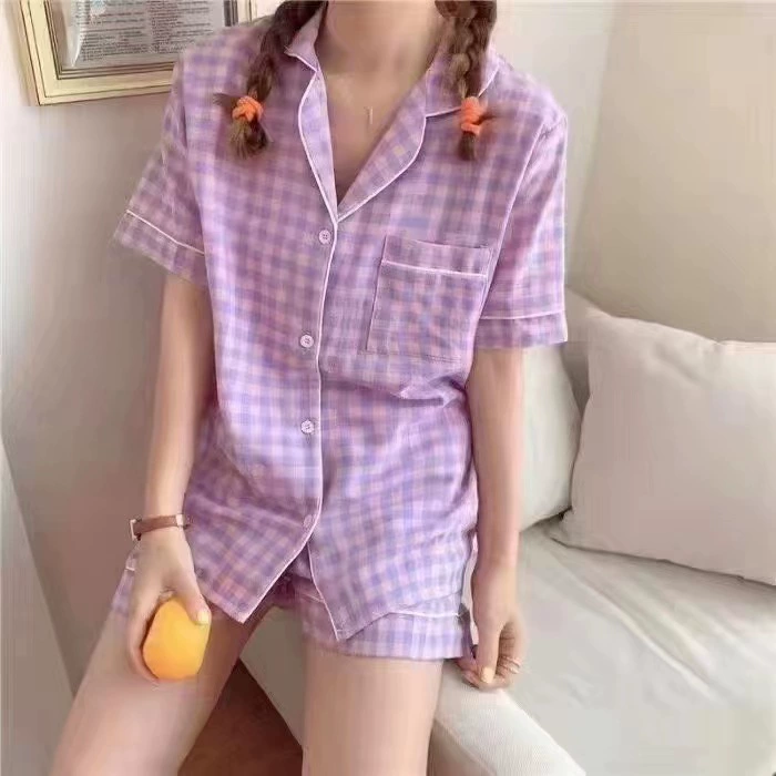 Летняя пижама женская Dongdamen короткий рукав, клетчатая, лёгкая, размеры M–XXL