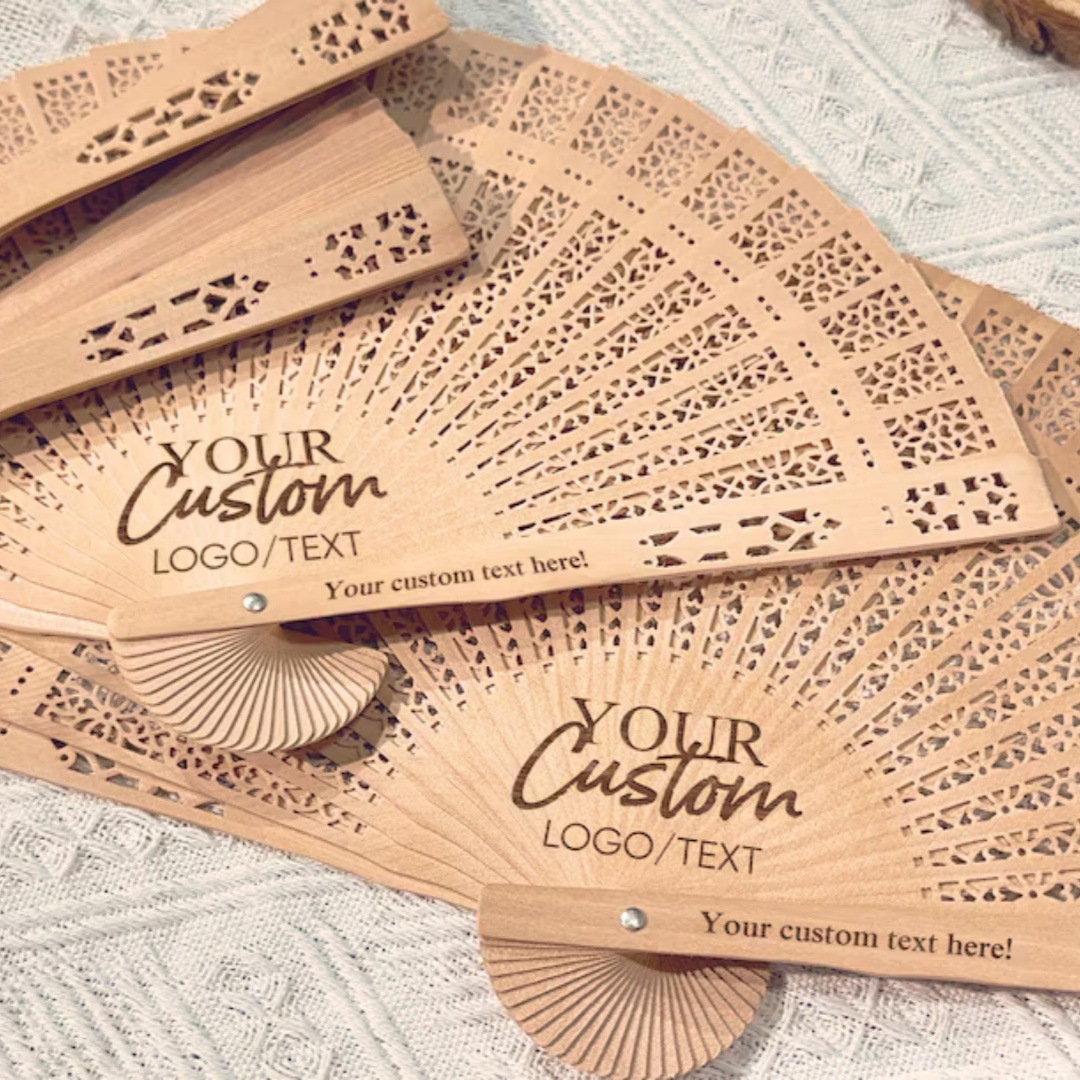 Personalización personalizada logotipo de texto ventilador de madera retro hueco diseño de regalo de negocios ventilador de promoción