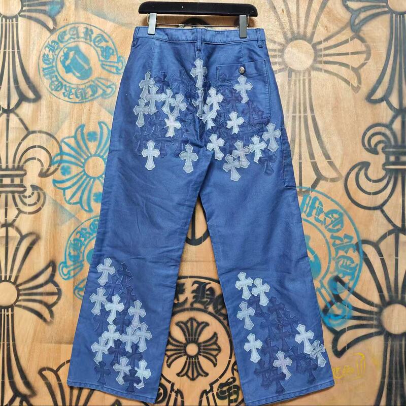 Cross-Border American-Style Ch Cro French Limited Edition Blue Denim Cross Patchwork Sanskrit Straight-Leg Jeans for Men and Women Cross-Border American-Style Ch Cro French Limited Edition Blue Denim Cross Patchwork Sanskrit Straight-Leg Jeans for Men and Women