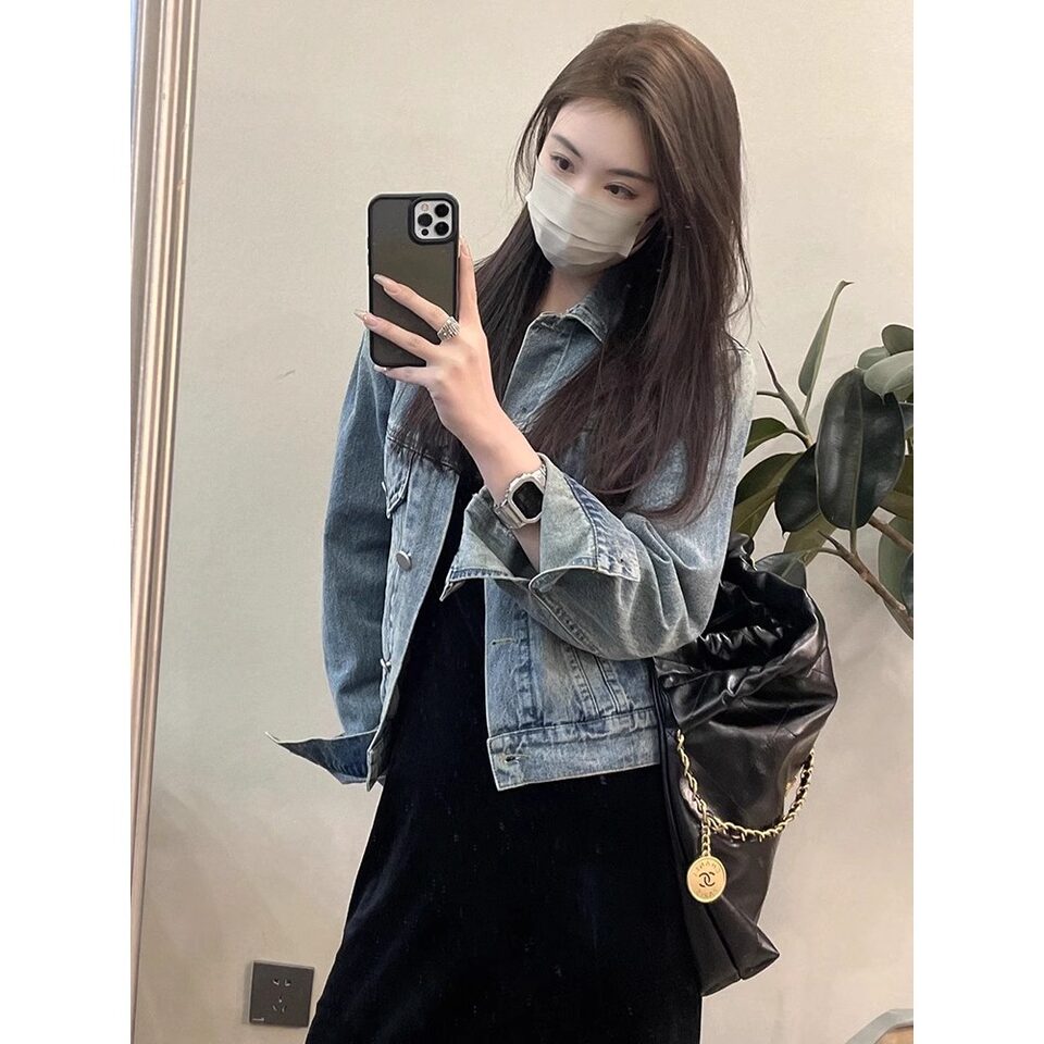 Áo khoác denim nữ dáng ngắn rộng rãi , dài tay, mùa thu đông — 2XL ([trọng lượng tham khảo 140-155 kg]), L ([Tham khảo trọng lượng 110-125 kg]), M ([Tham khảo cân nặng 100-110]), S (【trọng lượng tham chiếu 80-100 】)
