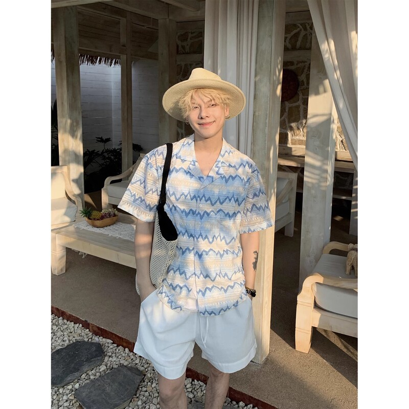American Retro Hawaiian Vacation Wear Short-Sleeved Shirt Men's Summer New Seaside Casual Versatile Shirt Trendy Brand