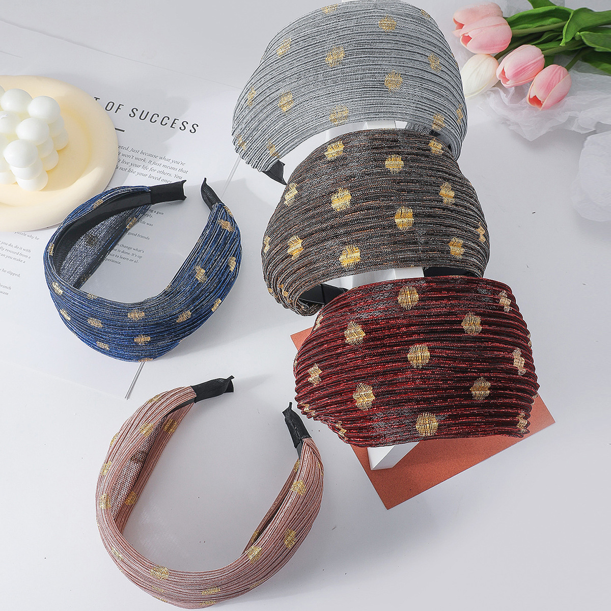 Transfronterizos nuevos bordes anchos banda de cabello coreana hilo de malla cubierta cabello blanco botón de cabeza de moda de verano cara pequeña banda de cabello al por mayor