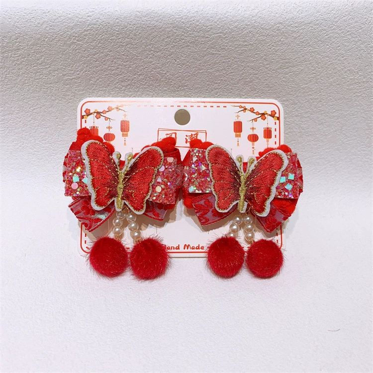 Red children's hairgrip with bow with tassels, Hanfu, hair accessory, hairpins, Chinese style