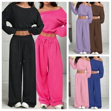 2025欧美跨境休闲套装纯色卫衣女一字领露肩宽松针织短款长袖套装