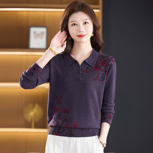 秋冬中年羊毛衫高品質(zhì)羊毛針織衫時尚數(shù)碼印花翻領(lǐng)長袖優(yōu)雅毛衣圖片