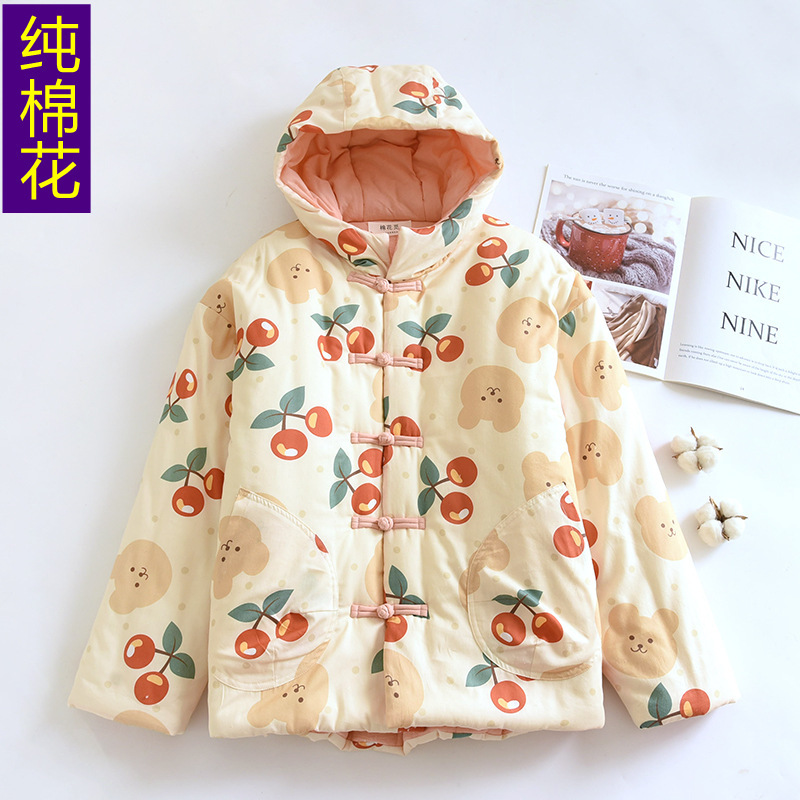 Winter thickened hooded cotton warm cotton-padded jacket cute Chinese-style hand-buckled cotton-padded jacket cotton coat cherry cotton-padded jacket