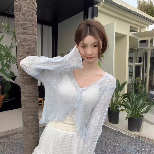 Sunscreen ice silk jacket, summer short long-sleeved shawl, thin suspender skirt, knitted top, gentle air-conditioned cardigan