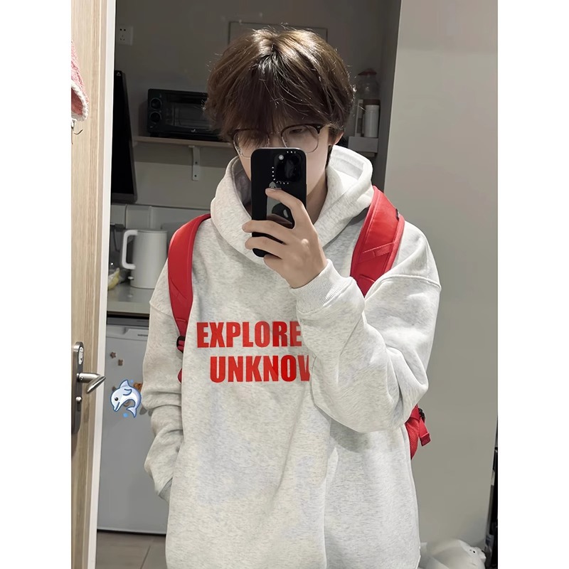 Men's Heavyweight Hooded Sweatshirt Grey Cotton Autumn Style_voghion.com