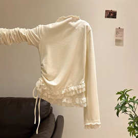 蕾丝拼接半高领磨毛加厚打底衫女秋冬木耳边叠穿内搭长袖t恤上衣