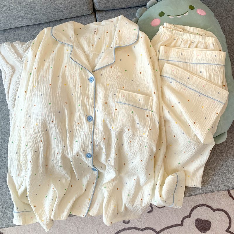 High-end sense color polka dot plus size pajamas women's spring and autumn long sleeve trousers loose cute home clothes in stock wholesale