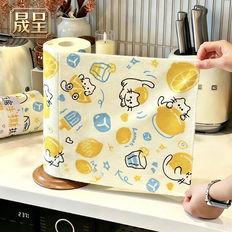 Lemon Cat Fruit Print Hand-Tear Cleaning Cloth for Kitchen Countertops, Suitable for Both Dry and Wet Use, Multi-Scene Household Cleaning Cloth for Daily Use