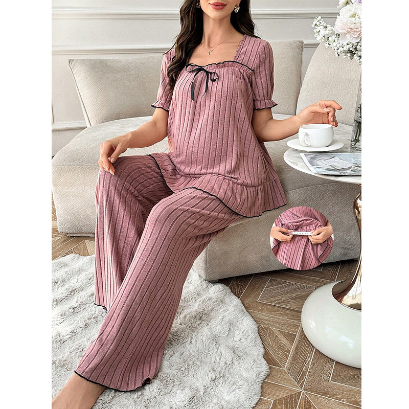 European and American Style Square-Neck Short-Sleeve Maternity Pajamas Set for Women, New Summer Comfortable Ribbed Elastic Waist Long Pants Loungewear