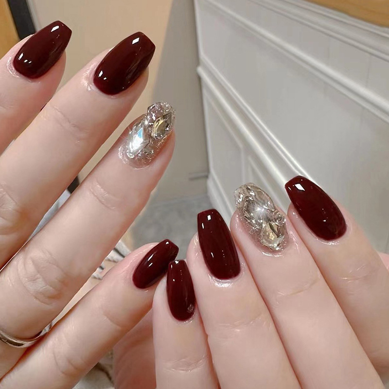 nail wear nail nail piece wine red gold glitter rhinestone nail nail piece wholesale nail patch wholesale nail