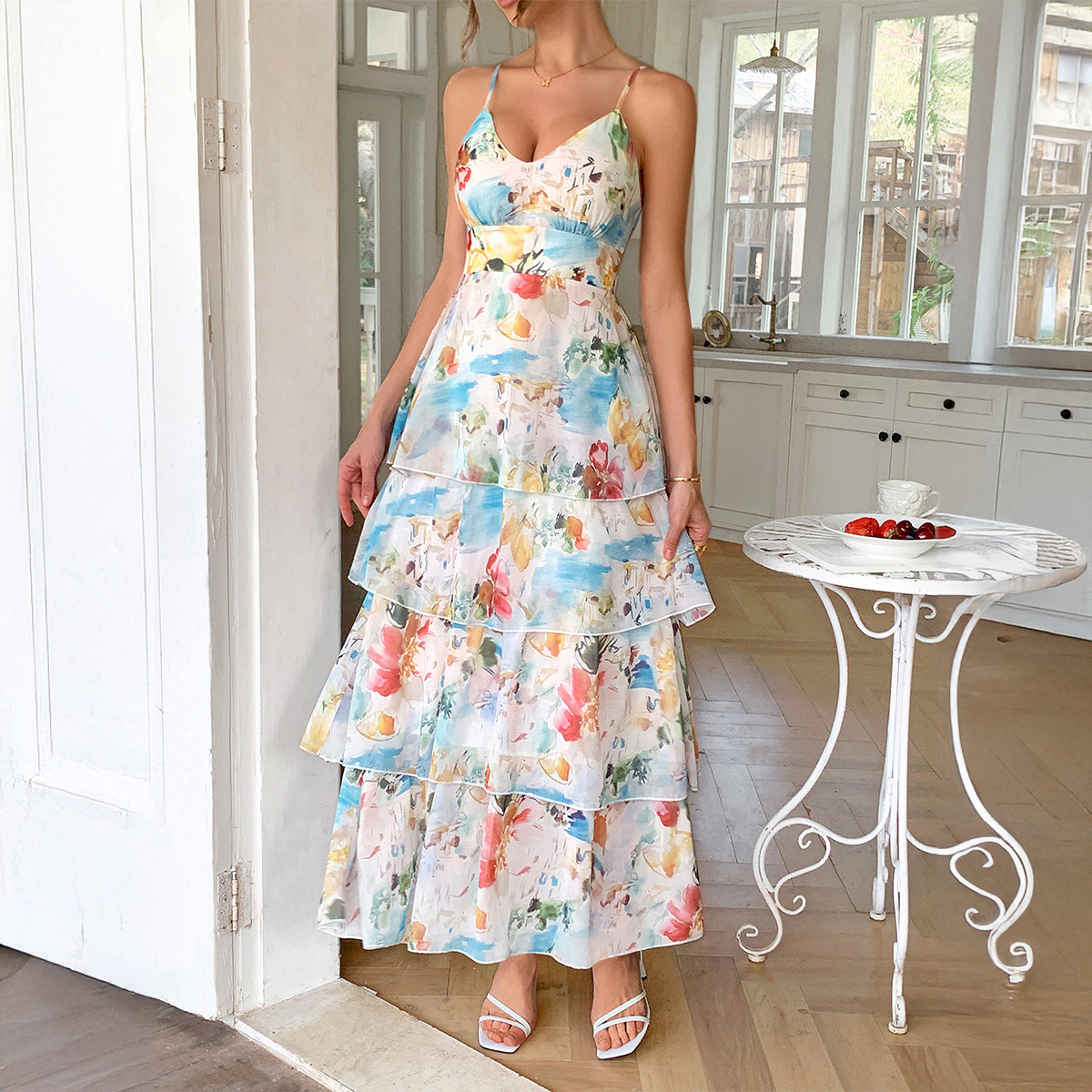Women's Floral Summer Resort Casual Strappy Maxi Dress