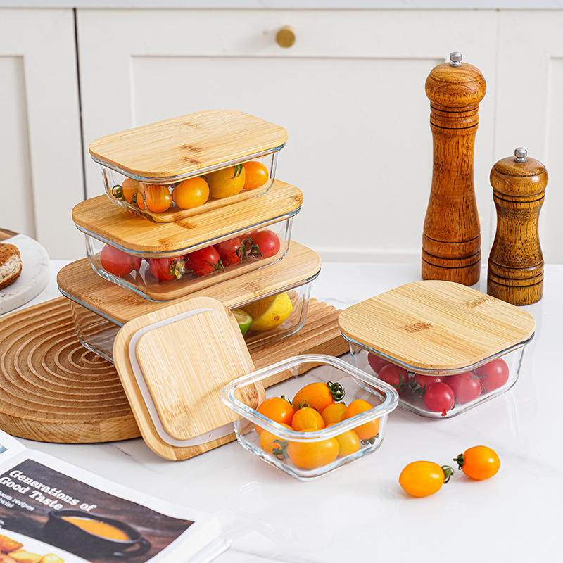 Cubierta de madera de bambú caja de almuerzo de vidrio de alto boro tres piezas caja de color sellado caja de picnic caja de almuerzo calentado horno de microondas caja de almuerzo