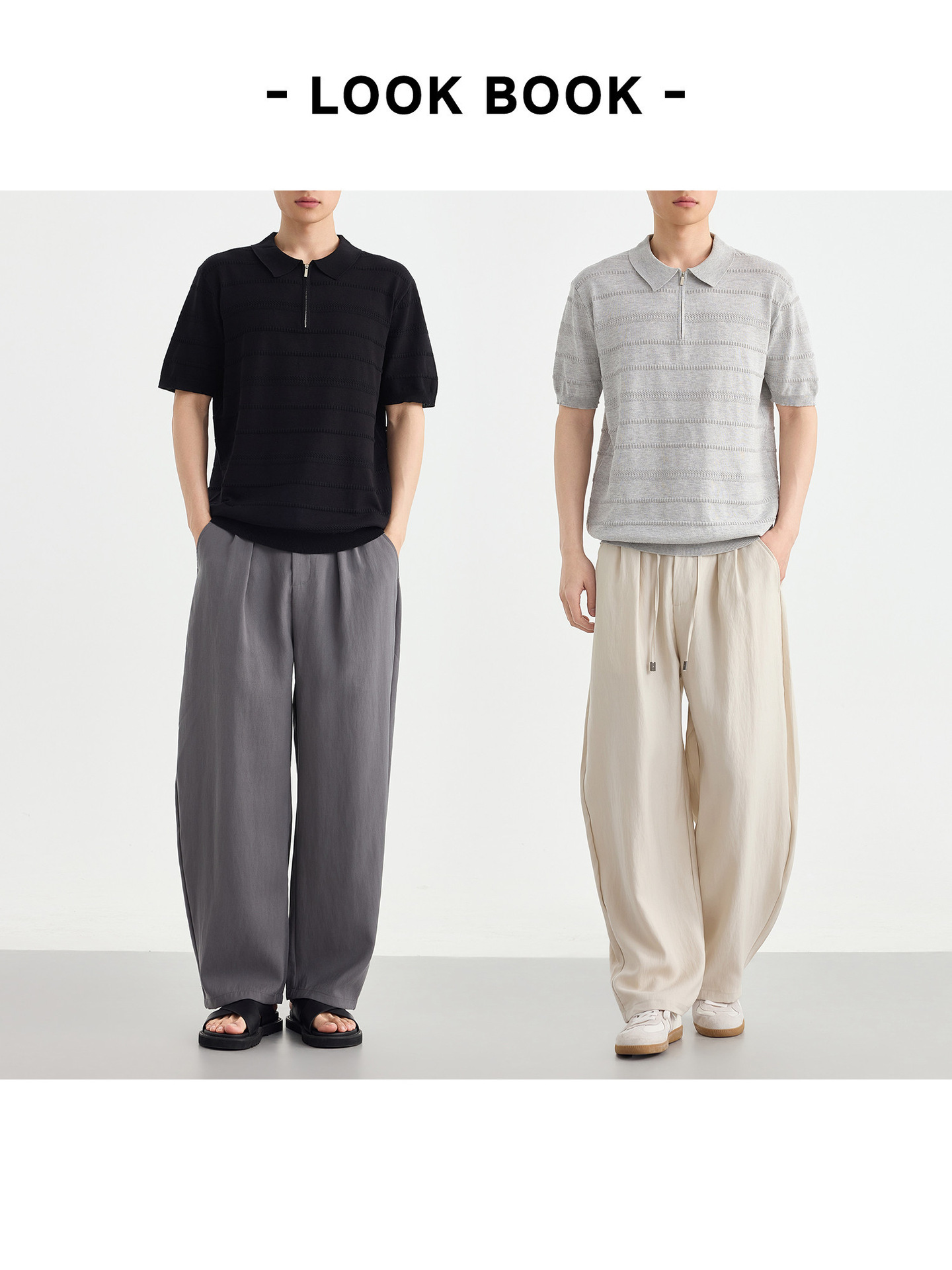 Áo polo nam tay ngắn cổ bẻ phối khóa kéo một nửa, chất liệu dệt kim hoa văn jacquard — đen