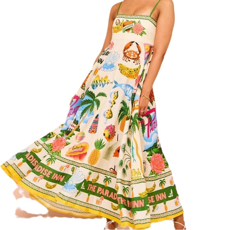 2024 новый европейский и американский трансграничный AliExpress независимая станция сексуальный подтяжка граффити льняное платье с принтом качели женское платье