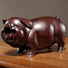 猪摆件黑檀实木质雕刻一对三合十二生肖动物家居装饰红木工艺品