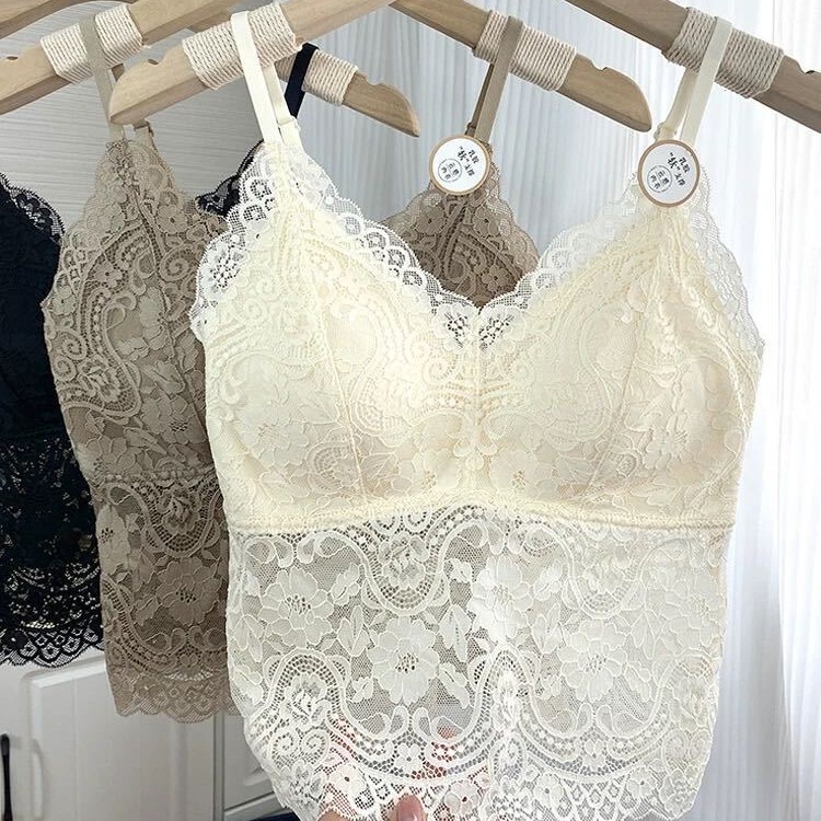 5520 French Lace Sexy Cross Beautiful Back No Rims Fixed Cup Camisole Breathable Versatile Intimates Bra