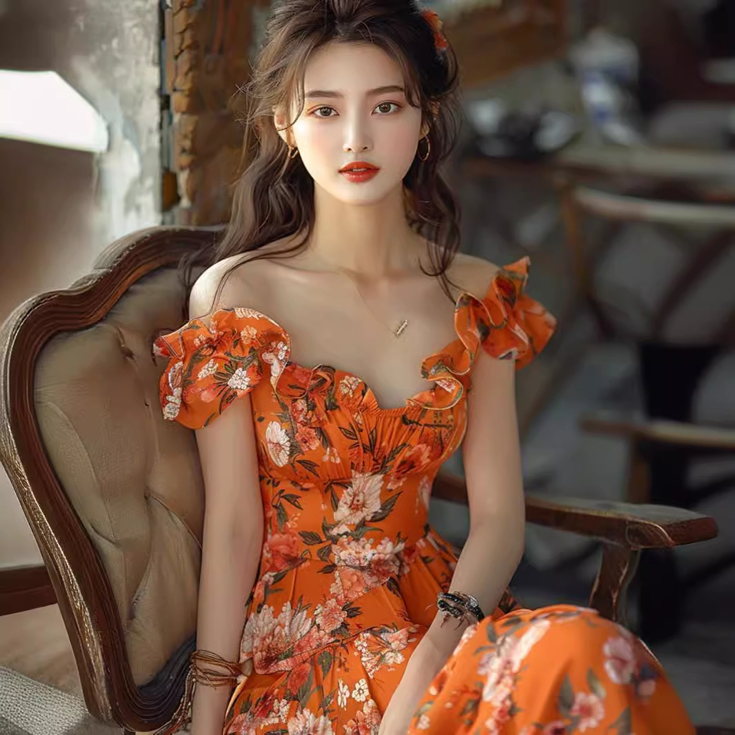 Váy trễ vai hoa nhí màu cam dáng maxi thắt eo phong cách Pháp — Màu cam