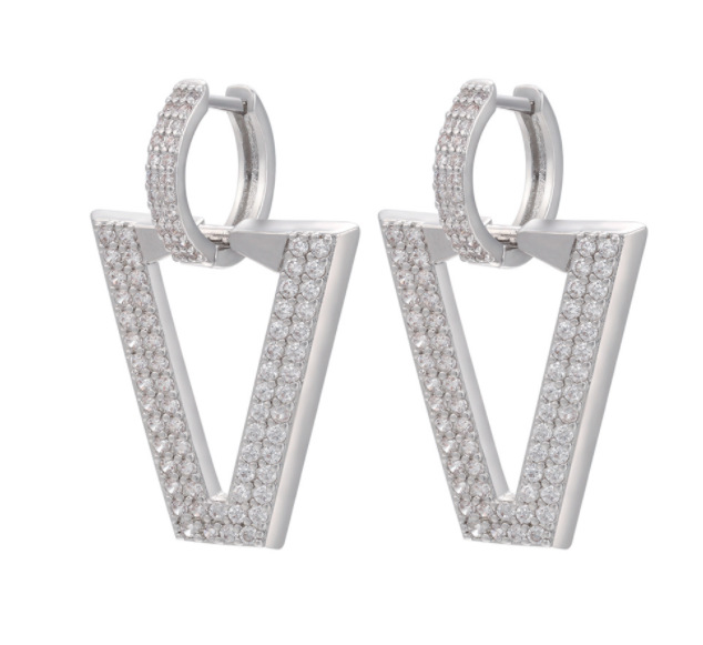 Foreign Trade Micro-inlaid Full Zircon Earrings Inverted Triangle V-shaped Trend Earrings Cross-border Accessories display picture 6