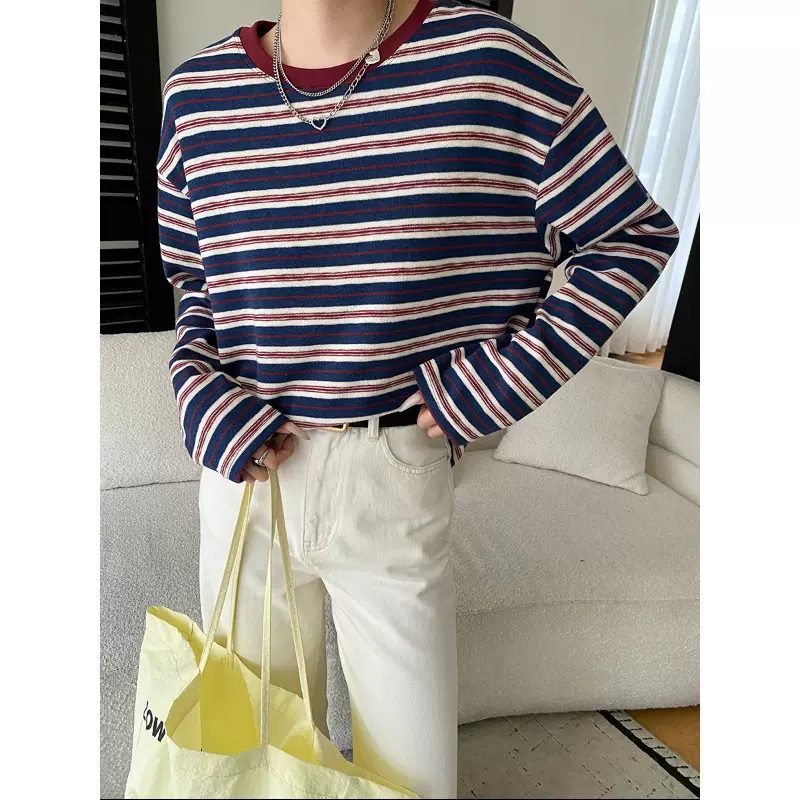 司南 早春新款 慵懒风松弛感复古条纹撞色圆领打底衫T恤 SN8518