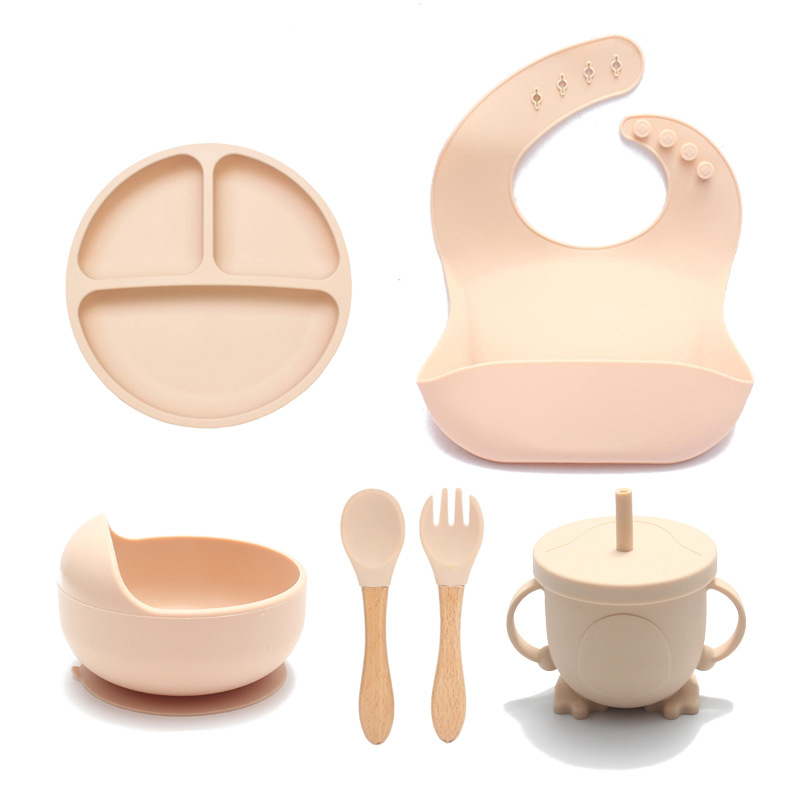 Plato de cena transfronterizo de silicona con ventosa, cuenco de comida integrado, vajilla dividida para bebé resistente a altas temperaturas, juego de ocho piezas al por mayor