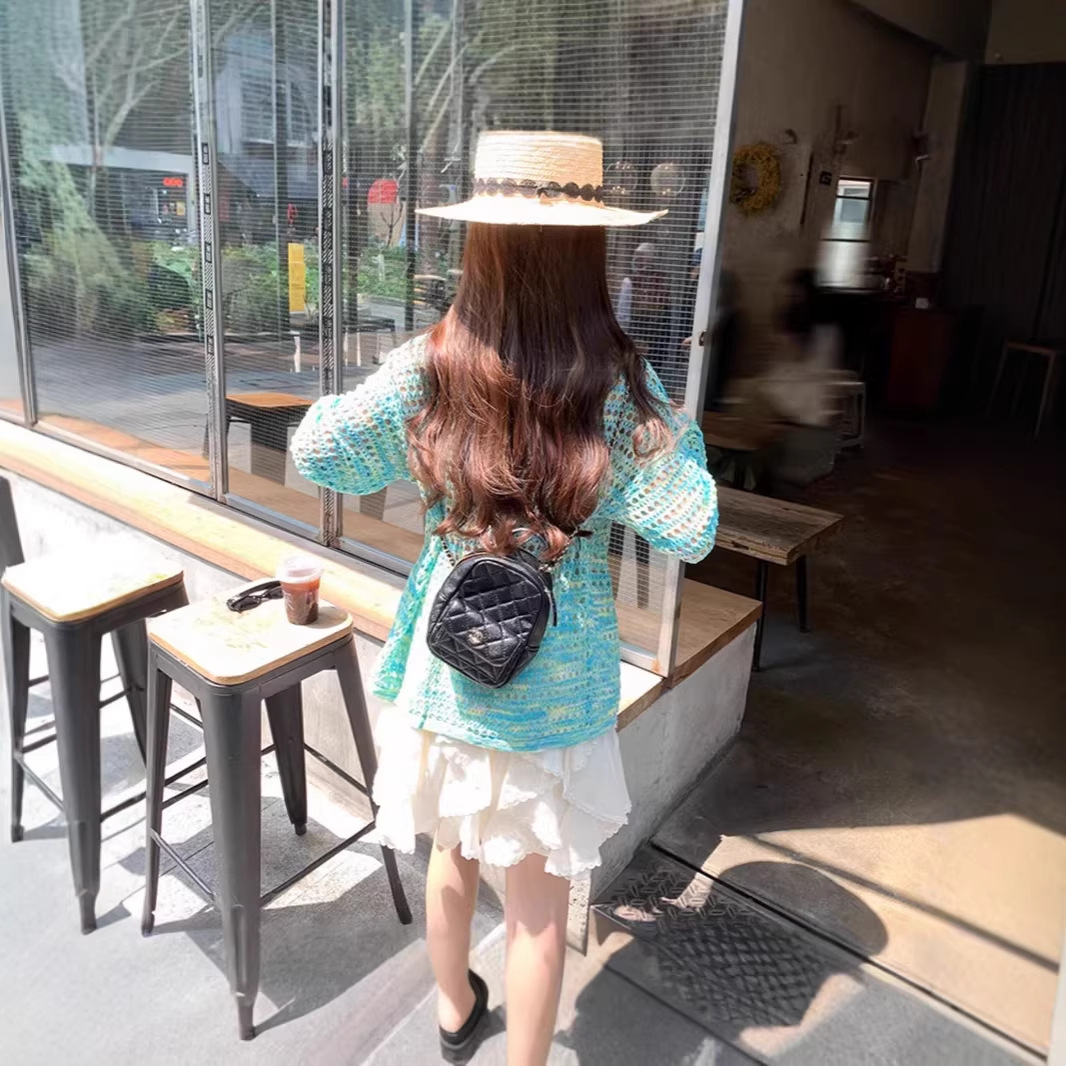 리와이 여성 여름 시스루 펀칭 니트 커버업 긴팔 루즈핏 브이넥 자외선 차