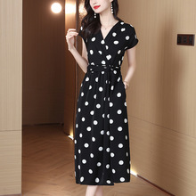 法式波点真丝连衣裙女夏高档气质时尚中长款遮肚V领减龄桑蚕丝裙