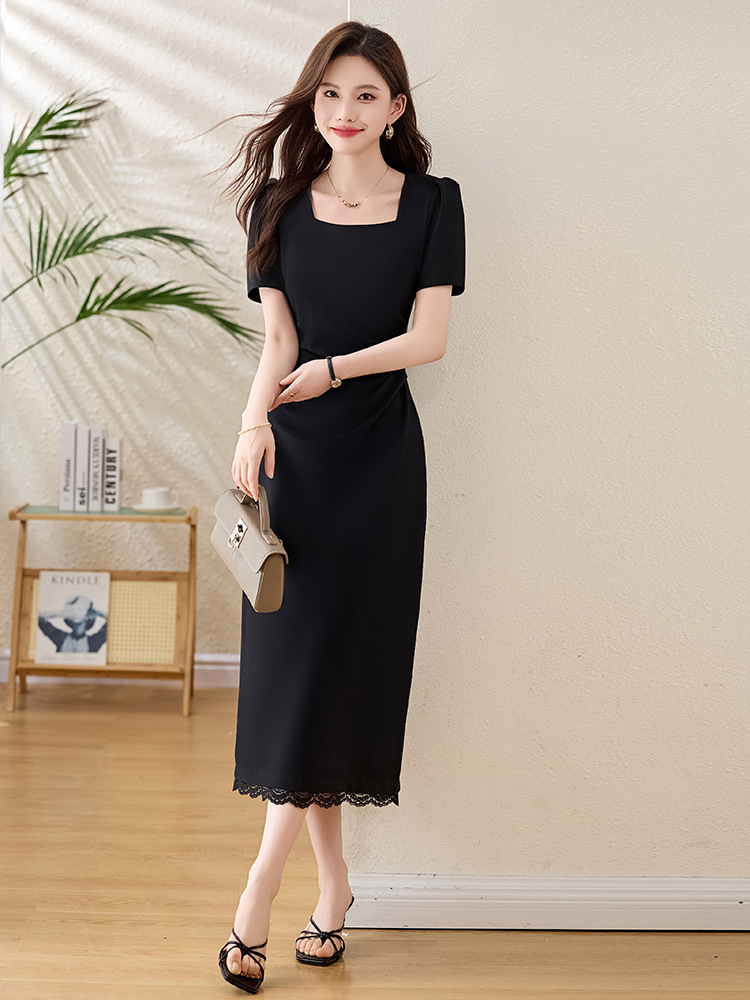 Đầm maxi cổ vuông tay phồng xẻ tà ôm dáng mùa hè 2025 — Màu đen, Màu đỏ