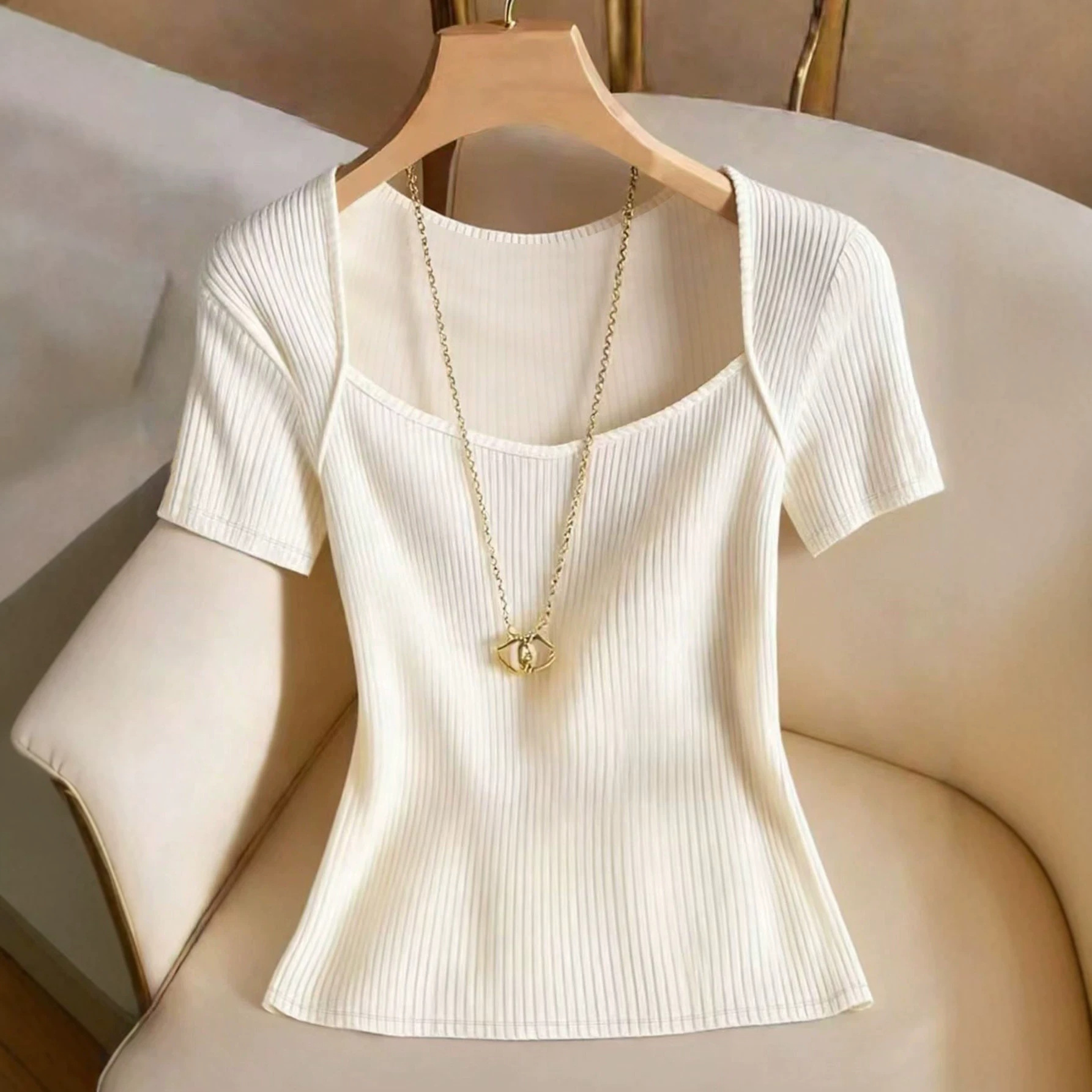 New Summer Women's Slim Fit T-Shirt Elegant European American Style Apricot Square Neck Short Sleeve Patchwork Casual Top_ecoleips.com