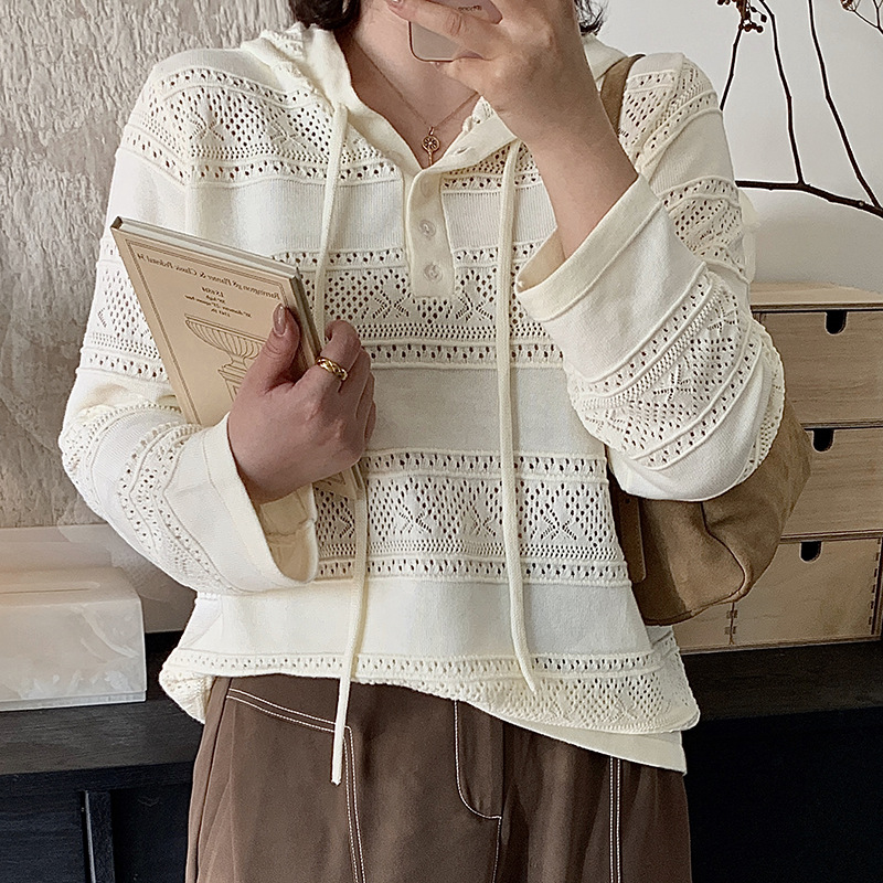 2026 Shuantian Autumn New 100kg Plus Size Women's Sweater with Drawstring Hood and Hollow Design Pullover Knitwear F756