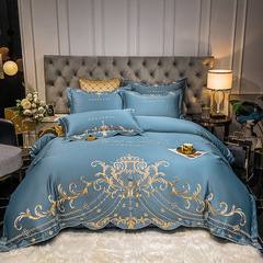2024 new solid color embroidery European palace style four-piece set of cotton bed sheets four-piece set of washed silk pure cotton gift