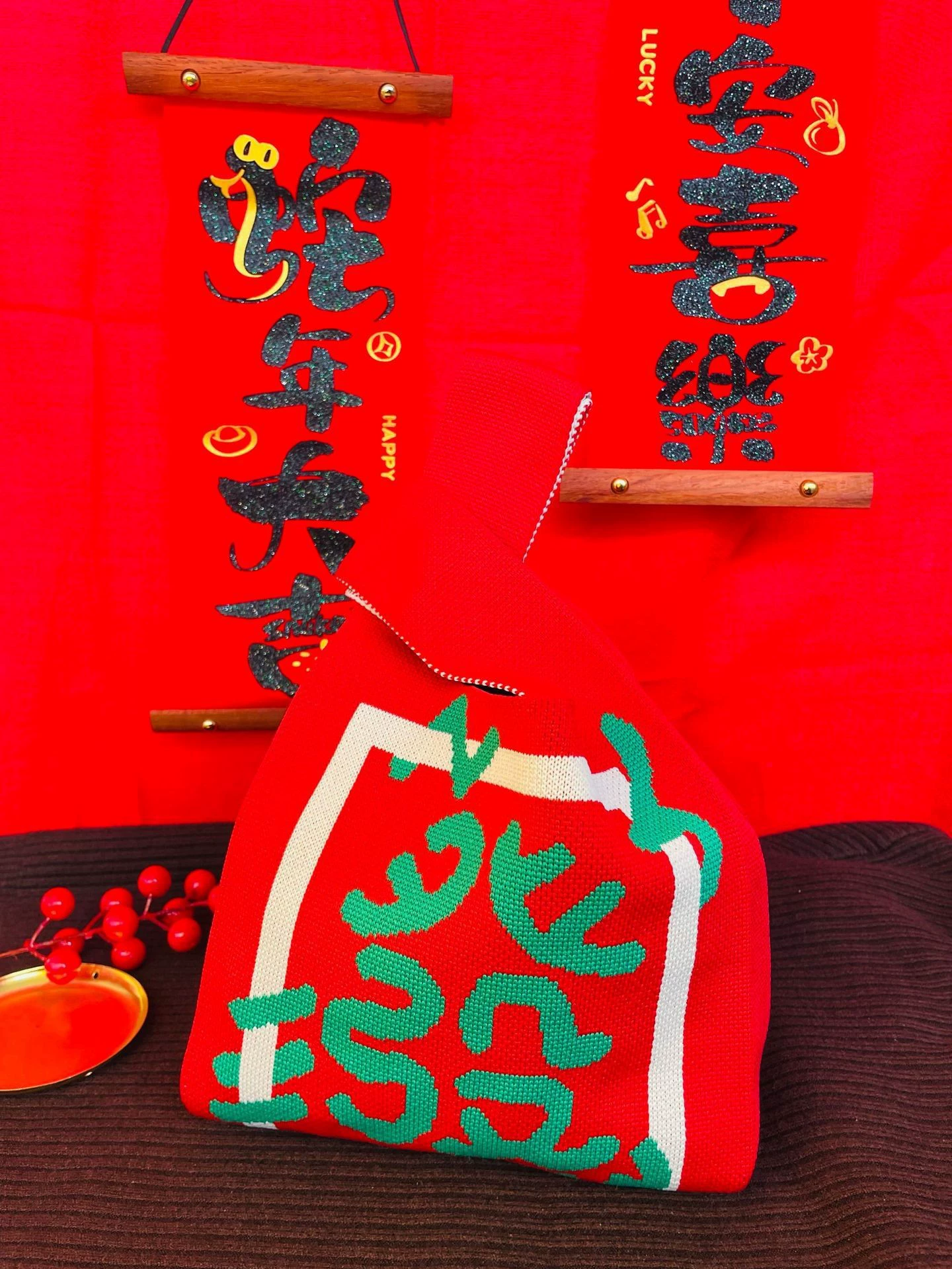 Вязаный кошелёк-наплечник, красная сумка из льна, кошелёк, 20×35 см, горох с медвежонком