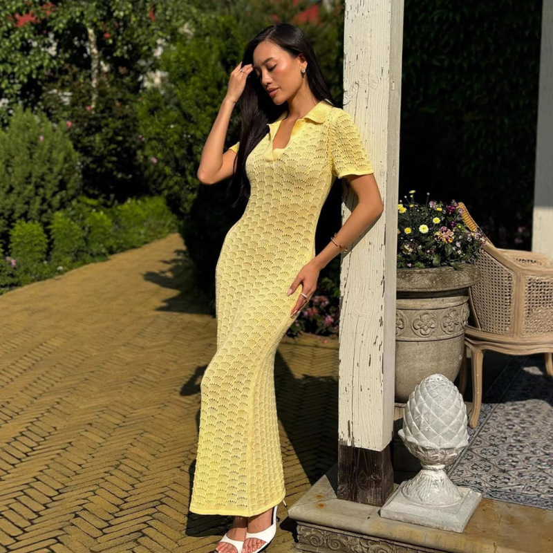 European and American Cross-Border New Style Short-Sleeved Shirt, Ultra-Long Skirt, Polo Collar, Slim Fit, Sexy Vacation Hollow-Out Fashion Dress, Summer European and American Cross-Border New Style Short-Sleeved Shirt, Ultra-Long Skirt, Polo Collar, Slim Fit, Sexy Vacation Hollow-Out Fashion Dress, Summer