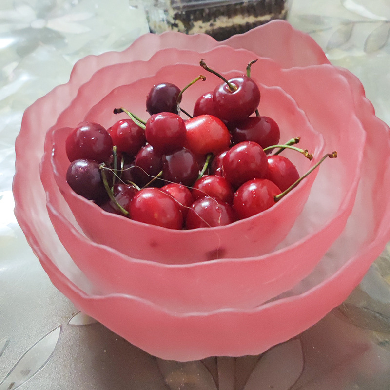 Japanese style lotus mist pink glass fruit salad bowl suit dessert bowl household living room fruit glass bowl plate wholesale