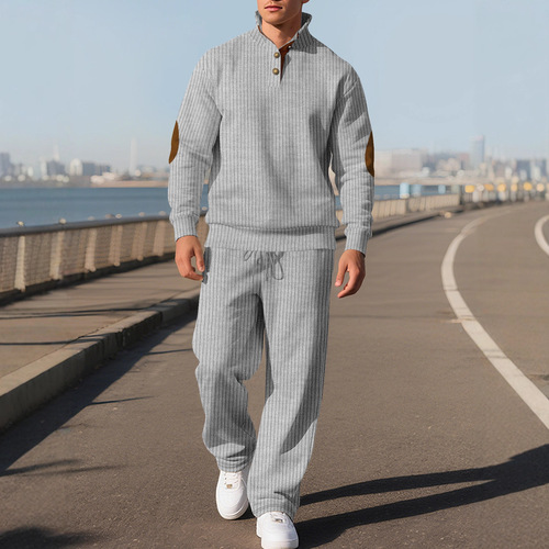 26 New European and American men's casual pants, stand-collar, all-match jacquard pit strip knitted sweater, autumn suit