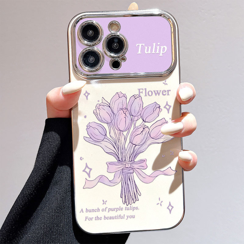 Large Windows for iPhone15 Mobile Phone Midsummer Tulip Apple 13 Color Strong Apple 14 Electroplated Soft Shell