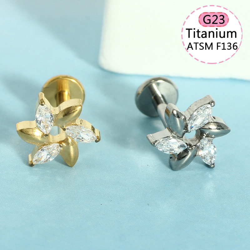 G23 Titanium Alloy Lip Piercing Jewelry Lip Ring Flower Stud Internally Threaded detail image 7